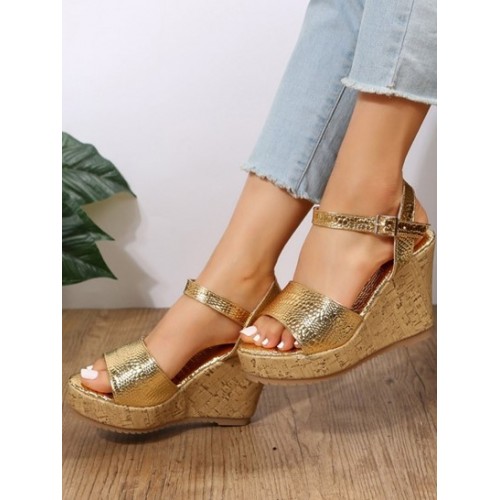 Metallic Sparkly Embossed Wedge Heeled Sandals