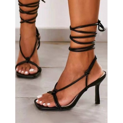 Lace Up Knotted Square Toe Sandals