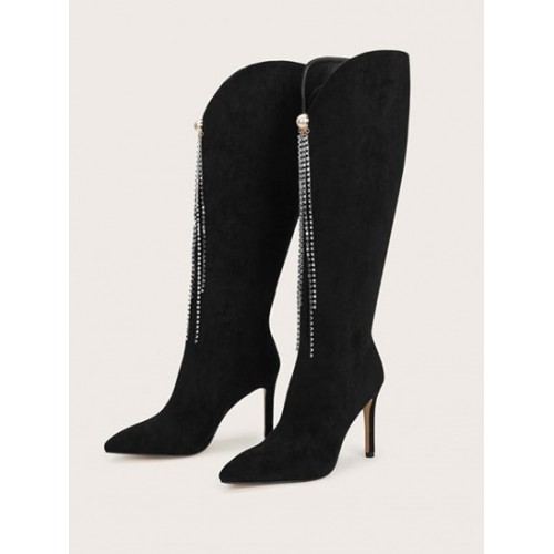 Rhinestone Fringed Faux Suede Knee Length Boots