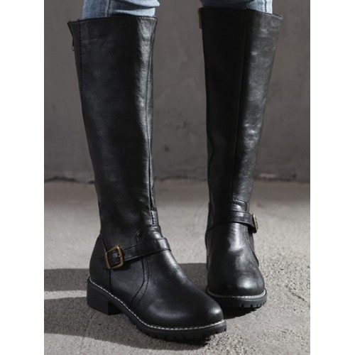 Buckle Decor Back Zip Knee High Boots