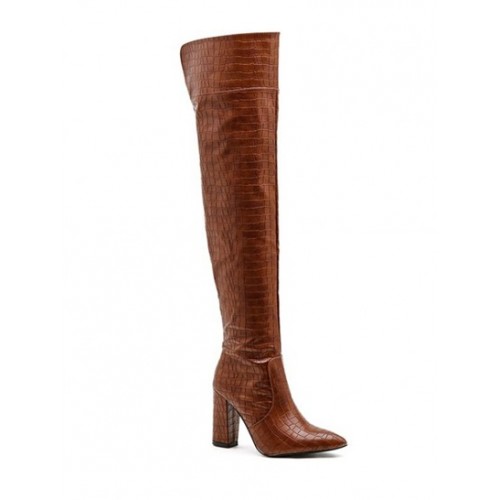 Side Zip Embossed Chunky Heeled Over-the-knee Boots