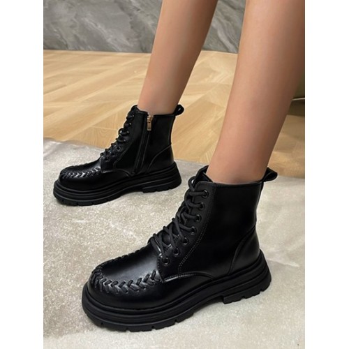 Topstitching Side Zip Lace Up Combat Boots