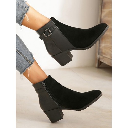 Minimalist Zip Side Buckle Chunky Heel Boots