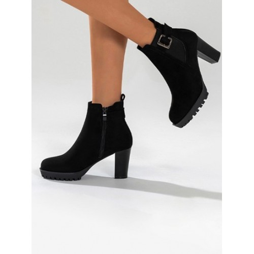 Buckle Decor Zip Side Chunky Heel Boots