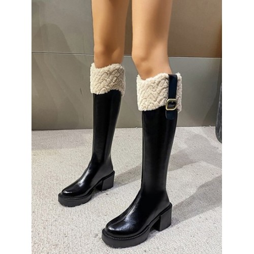 Faux Fur Panel Platform Knee High Boots