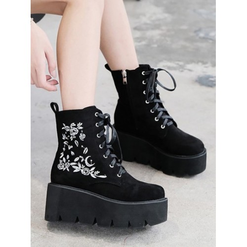 Floral Embroidered Platform Faux Suede Boots