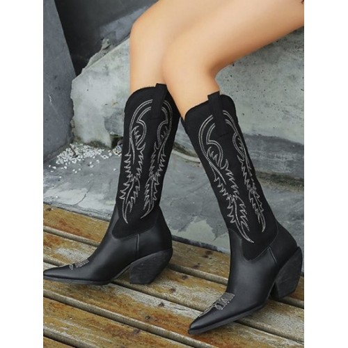 Topstitching Notched Edge Chunky Curved Heeled Boots