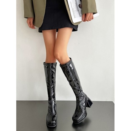 Chunky Heel Square Toe Knee Boots