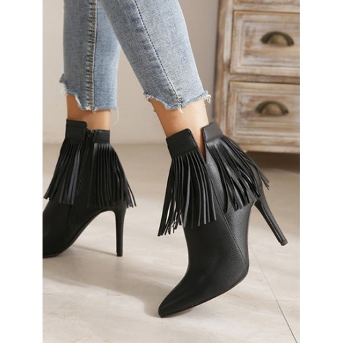 Fringed V Notched Stiletto Heel Boots