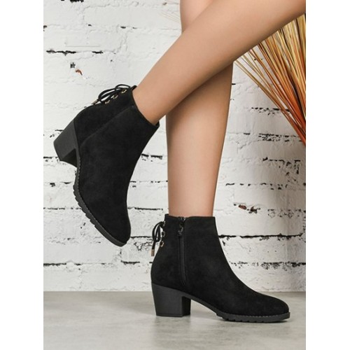 Lace Up Back Side Zip Chunky Heeled Ankle Boots