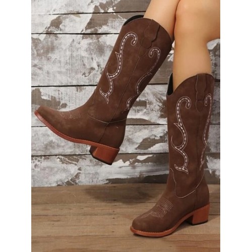 Embroidered Chunky Heel Western Cowboy Boots