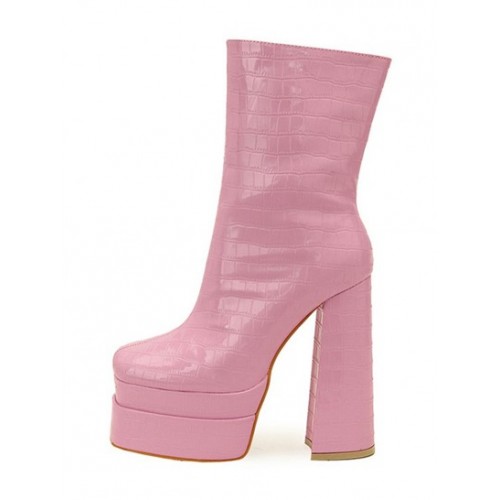 Embossed Side Zip Platform Mid-calf Boots