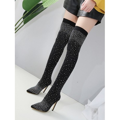 Rhinestones Detail Stiletto Heeled Club Stretch Over-the-knee Socks Boots