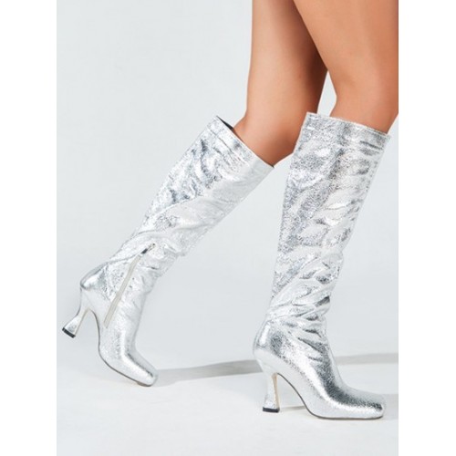 Side Zip Metallic Glitter Sparkle Kitten Heeled Knee High Boots