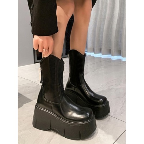 V-curved Back Zip Platform Mid-calf Boots