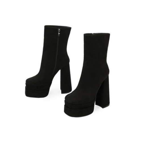 Side Zip Platform Square Toe Mid-calf Boots