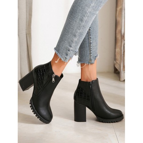 Embossed Lug Sole Block Heel Ankle Boots