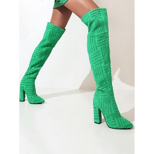 Terry Cloth Textured Chunky Heeled Over-the-knee Boots