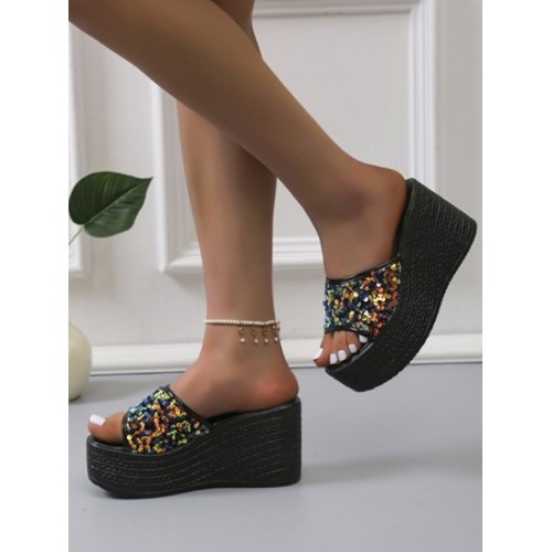 Sparkly Sequined Platform Wedge Sandals