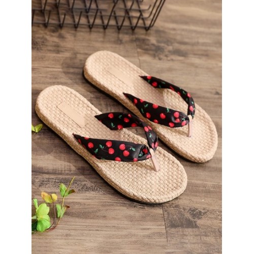 Cherry Print Espadrilles Straw Flip Flops