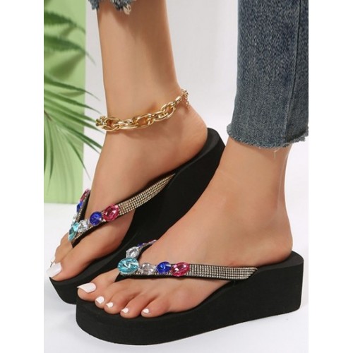 Colorful Rhinestones Chunky Style Platform Flip Flops