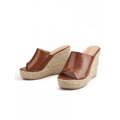 Women's Retro Embossed Wedge Heeled Espadrille Style Slip On Sandals Slides