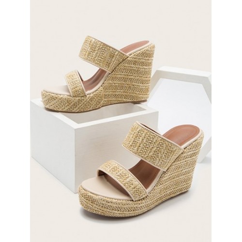 Women's Two Straps Platform Wedge Heeled Straw Espadrille Style Slip On Sandals Slides