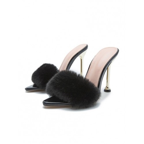 Women's Sexy Elegant High Stiletto Heeled Pointed Toe Textured Fluffy Fuzzy Furry Faux Fur Slip On Slides Sandals