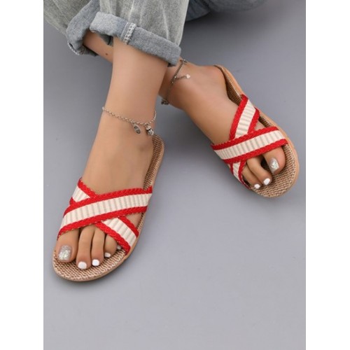 Women's Indoor Daily Striped Jacquard Criss Cross Straps Flats Slip On Sandals Slides