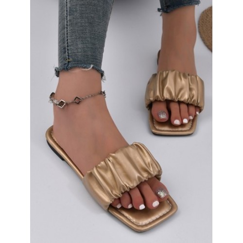 Women's Minimalist Style Daily Ruched Straps Flats Slip On Sandals Slides