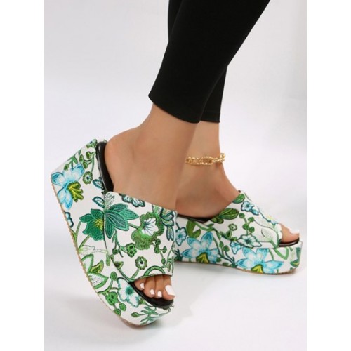 Women's Floral Embroidered Chunky Style Platform Wedge Heeled Slip On Sandals Slides