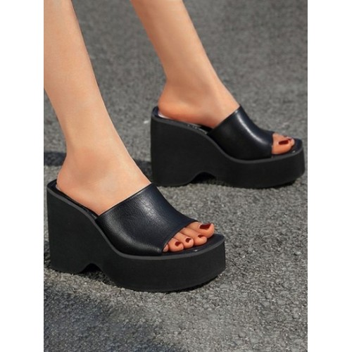 Women's Minimalist Style Daily Solid Color Wedge Heeled Platform Slip On Slides Sandals