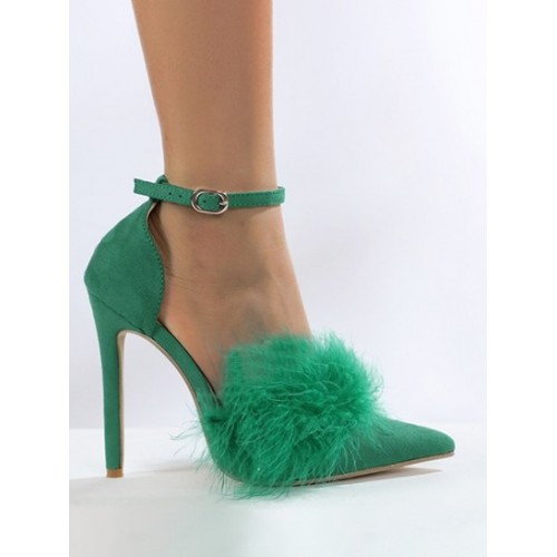 Feather Ankle Strap Stiletto Heel Pumps