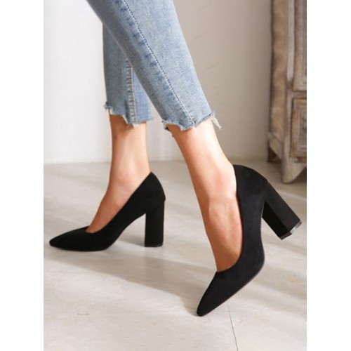 Chunky Heel Suede Court Pumps