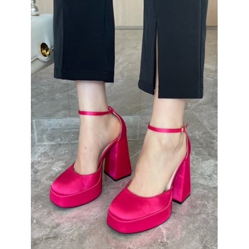 Prom Party Satin Ankle Strap Platform Chunky Heel Pumps