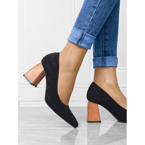 Pointed Toe Slip On Chunky Heeled Pumps