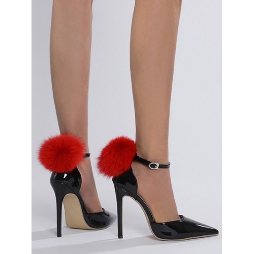 Fuzzy Pompoms High Heeled Ankle Straps Party Pumps