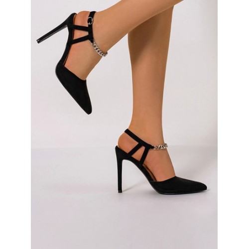 Pointed Toe Chains Strappy Strap Faux Suede Stiletto Pumps