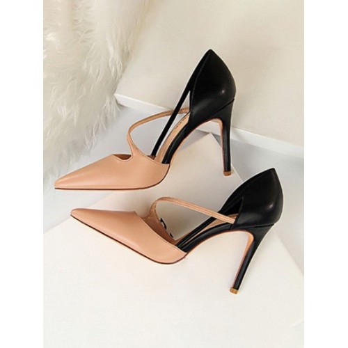 Colorblock Two Tone Cut Out Heeled Pointed Toe Pumps