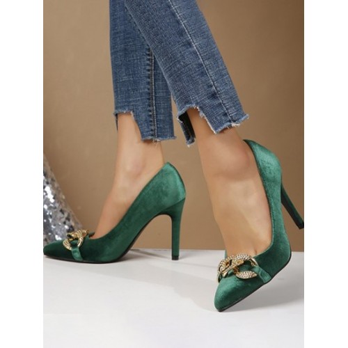 Chain Embellished Velvet Stiletto Pumps