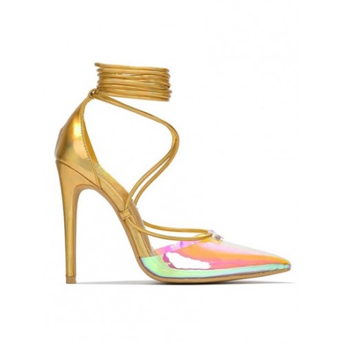 Pointed Toe Ankle Wrap Iridescent Transparent Sandals