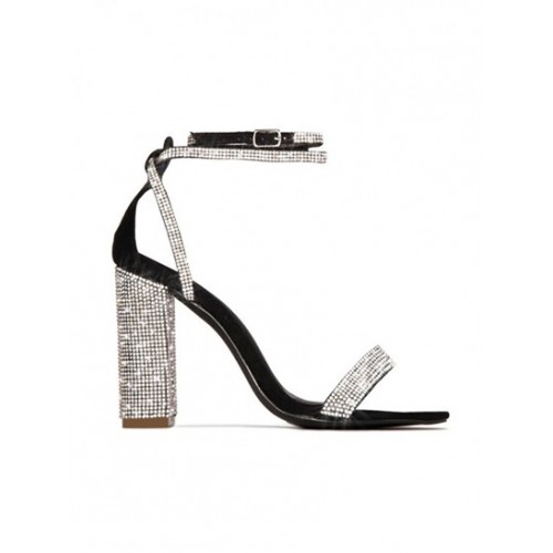 Rhinestones Detail Sparkly Ankle Strappy Chunky Heeled Sandals