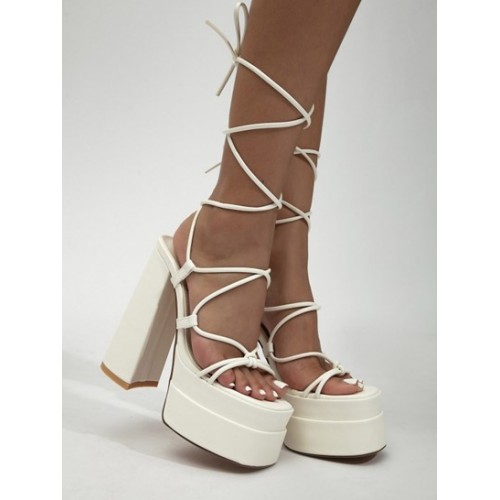 Minimalist Style Chunky Heeled Stacked Platform Ankle Wrap Lace Up Sandals