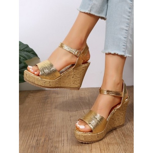 Metallic Sparkly Embossed Wedge Heeled Sandals