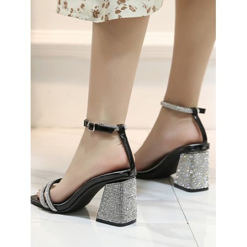 Ankle Strap Rhinestone Design Chunky Heel Sandals