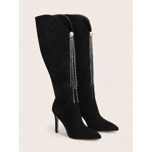 Rhinestone Fringed Faux Suede Knee Length Boots