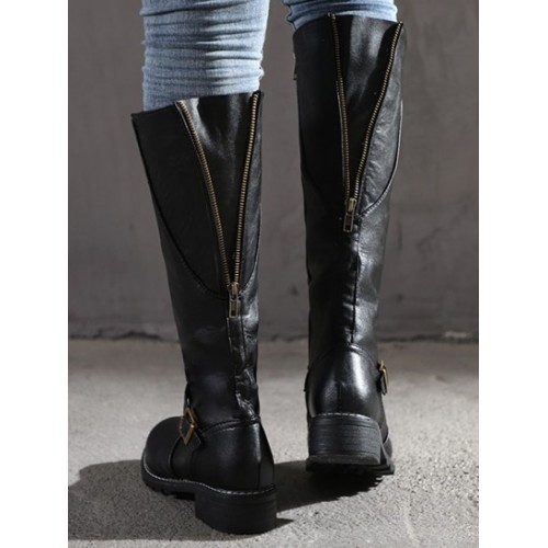 Buckle Decor Back Zip Knee High Boots