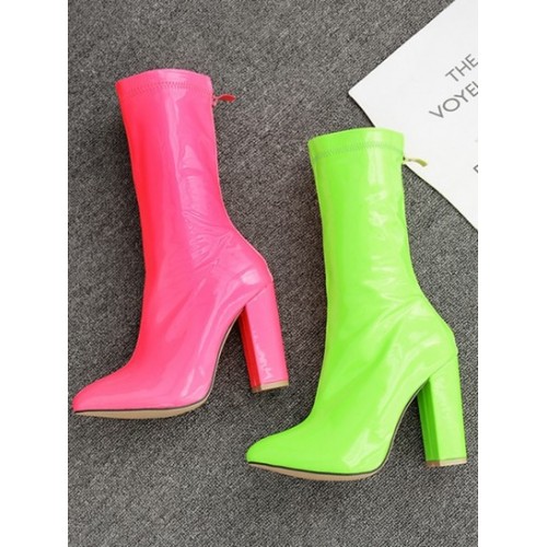 Neon Candy Color Back Zip Chunky Heeled Boots