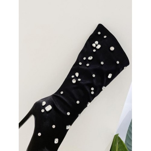 Rhinestone Design Pointed Toe High-heeled Knee Boots