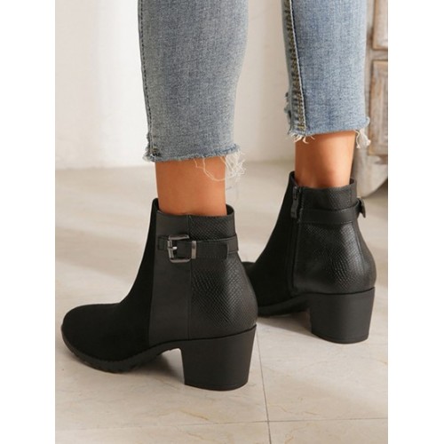 Minimalist Zip Side Buckle Chunky Heel Boots